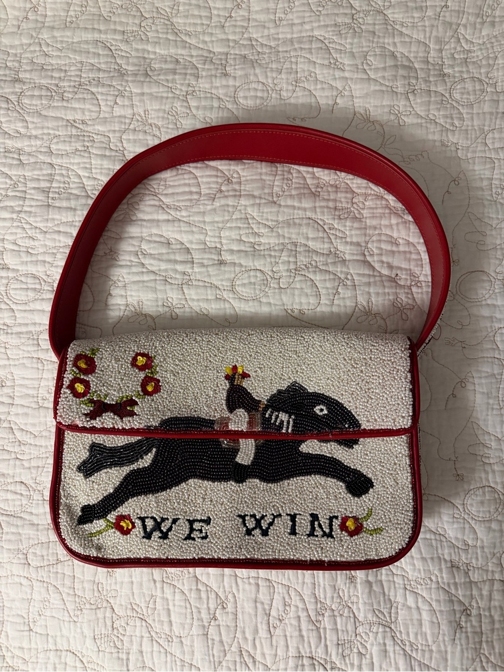 STAUD Cream Beaded Shoulder Bag with Red Trim - Picture 4 of 8
